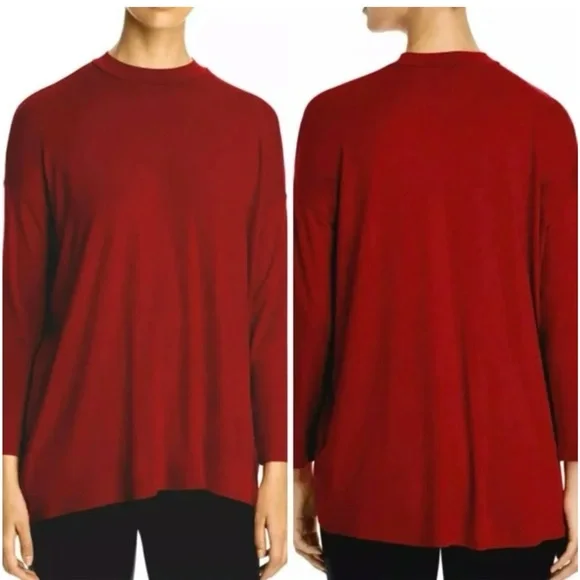 EILEEN FISHER Size‎ 1X China Red Mock Neck Lightweight Viscose Jersey Tunic Top.